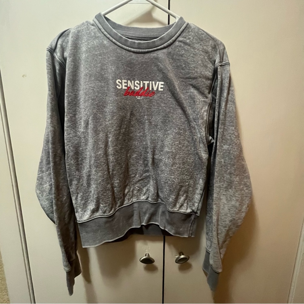 Reflex Gray Crew Neck ‘Sensitive Baddie’ Sweater with Relaxed Fit